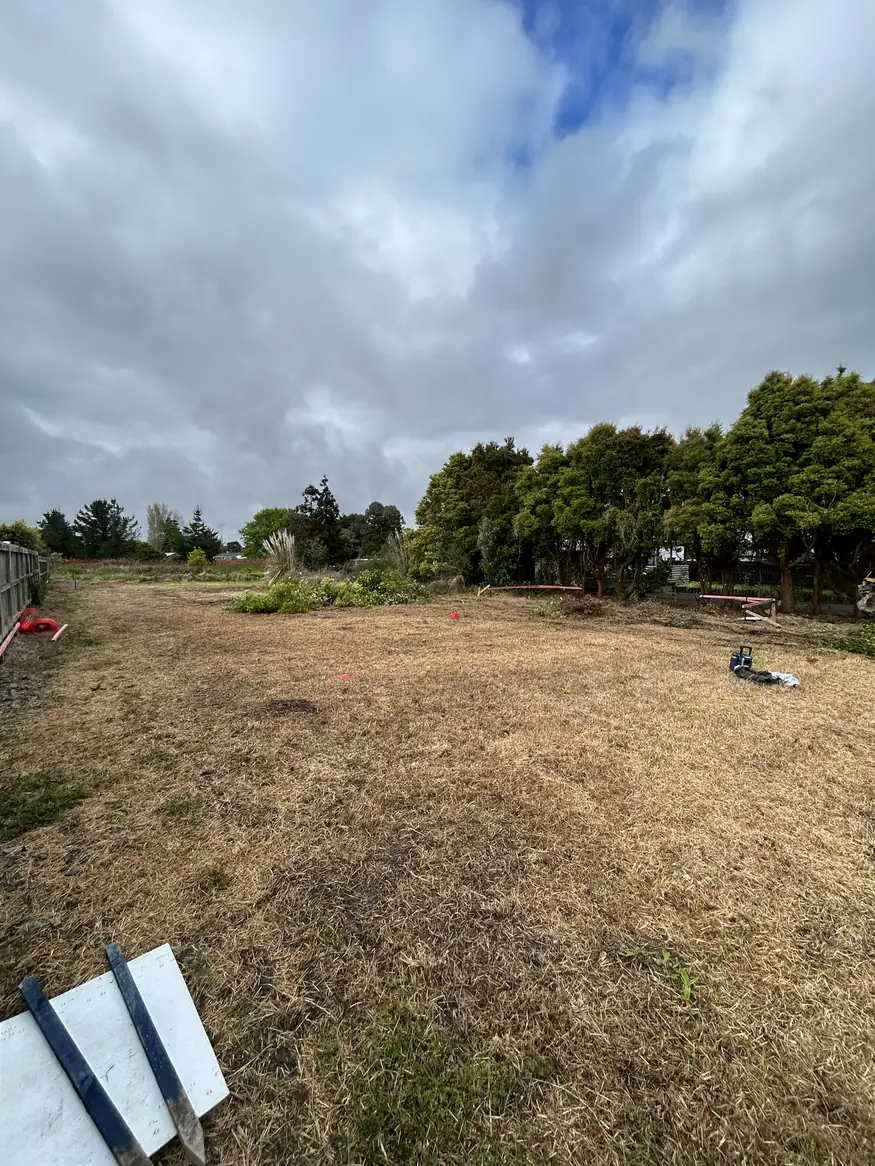 Cleared empty section with grass and trees before the new build