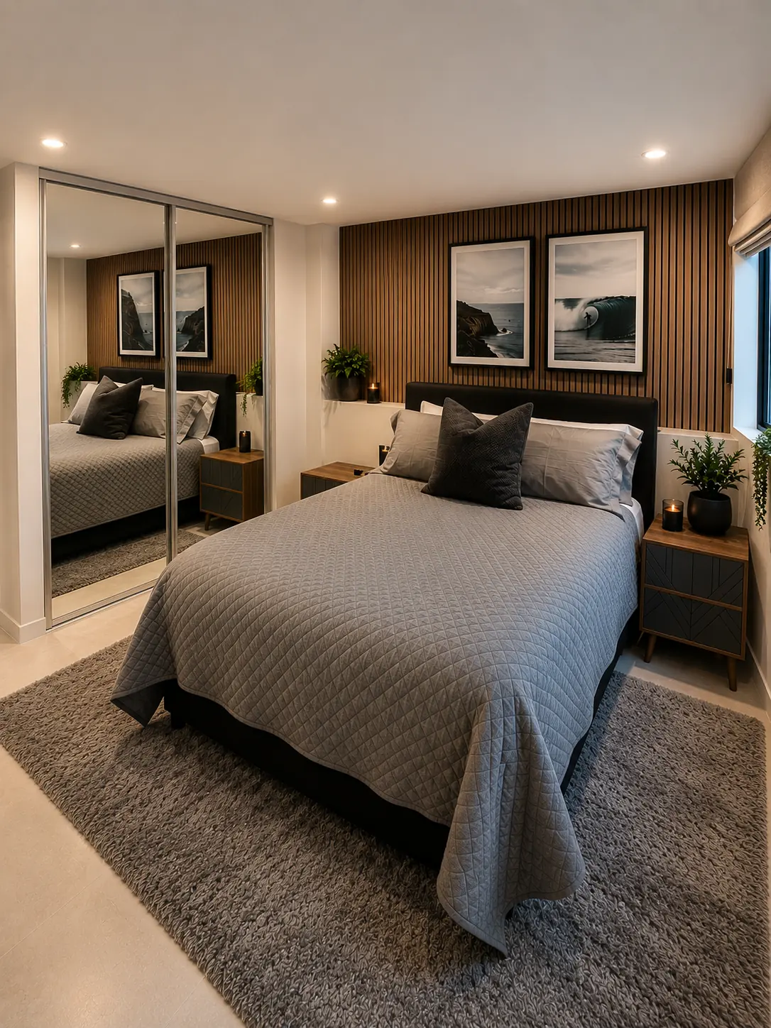 Bedroom with a mirrored wardrobe