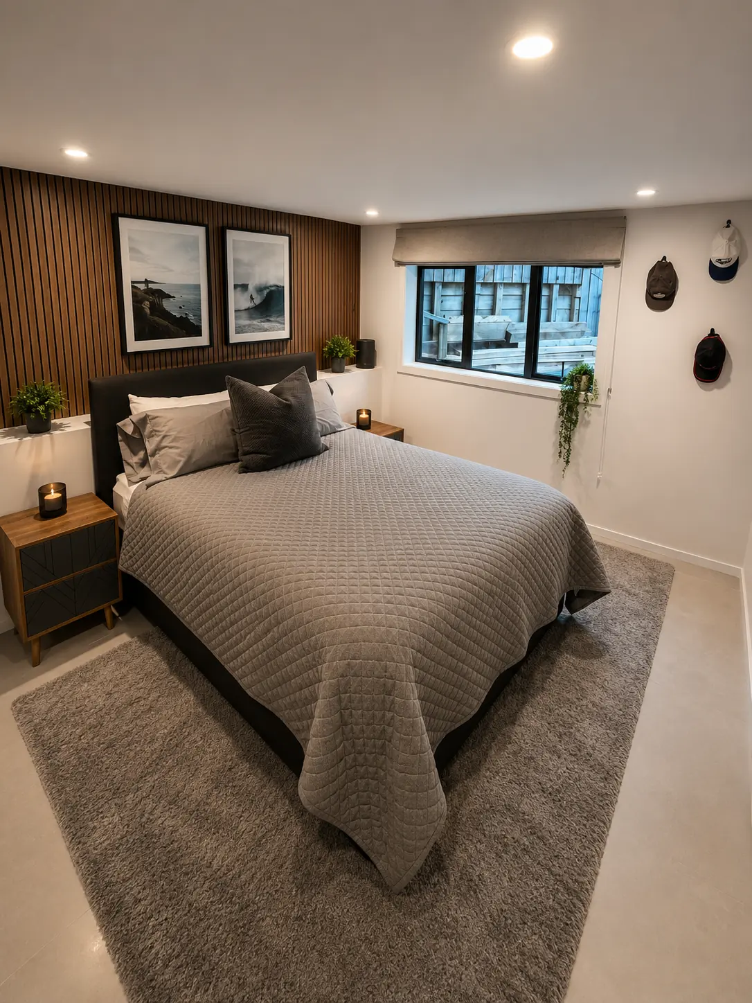 Bedroom with a timber slat wall beside the window