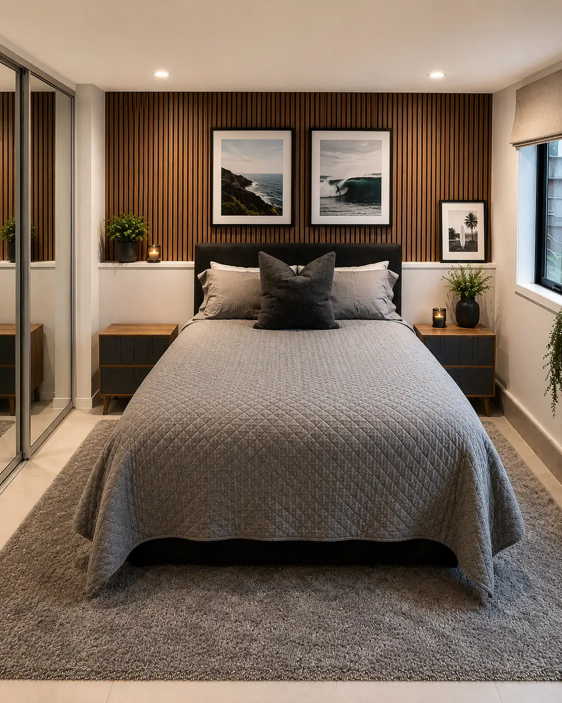 Bedroom with a timber slat feature wall