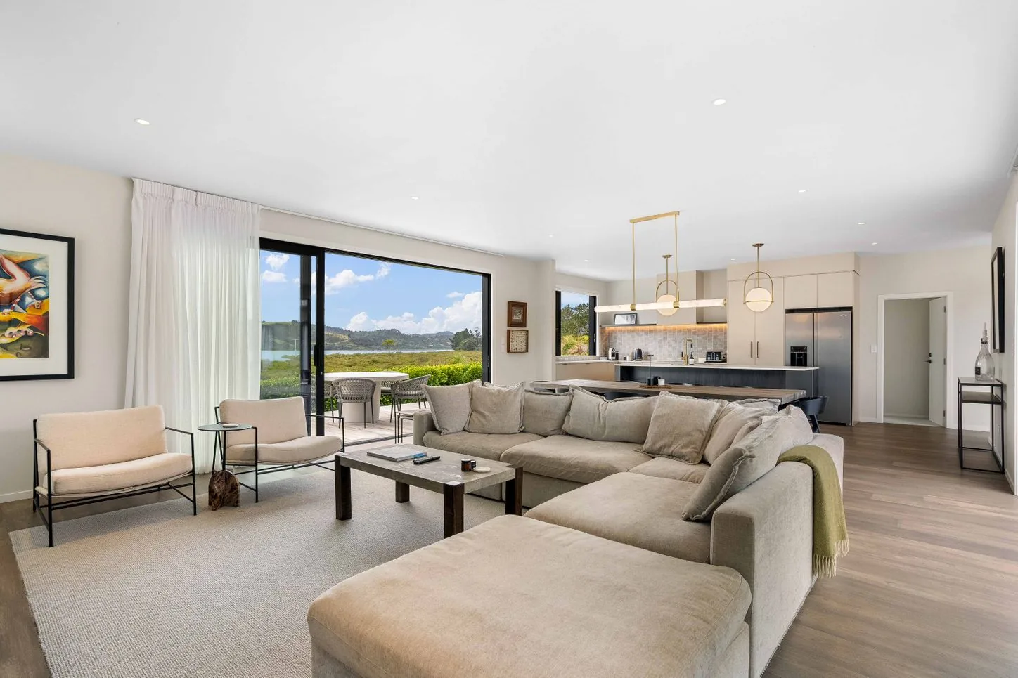 Living room with a water view