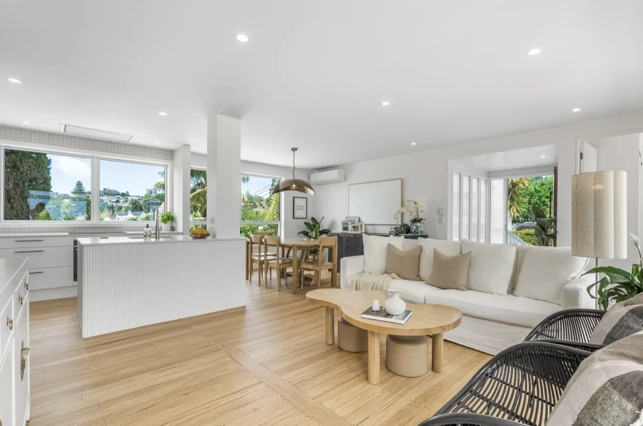 Open-plan living and kitchen with a timber floor